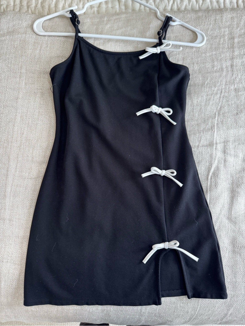 Black Speghetti strap Mini Dress with White Bow Accents